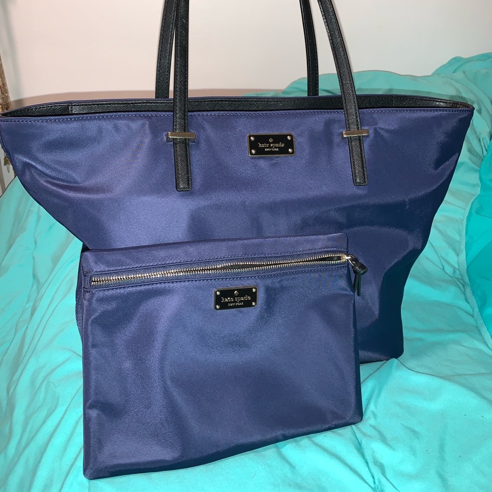 Kate Spade tote & toiletry bag: navy blue and black, gold zipper